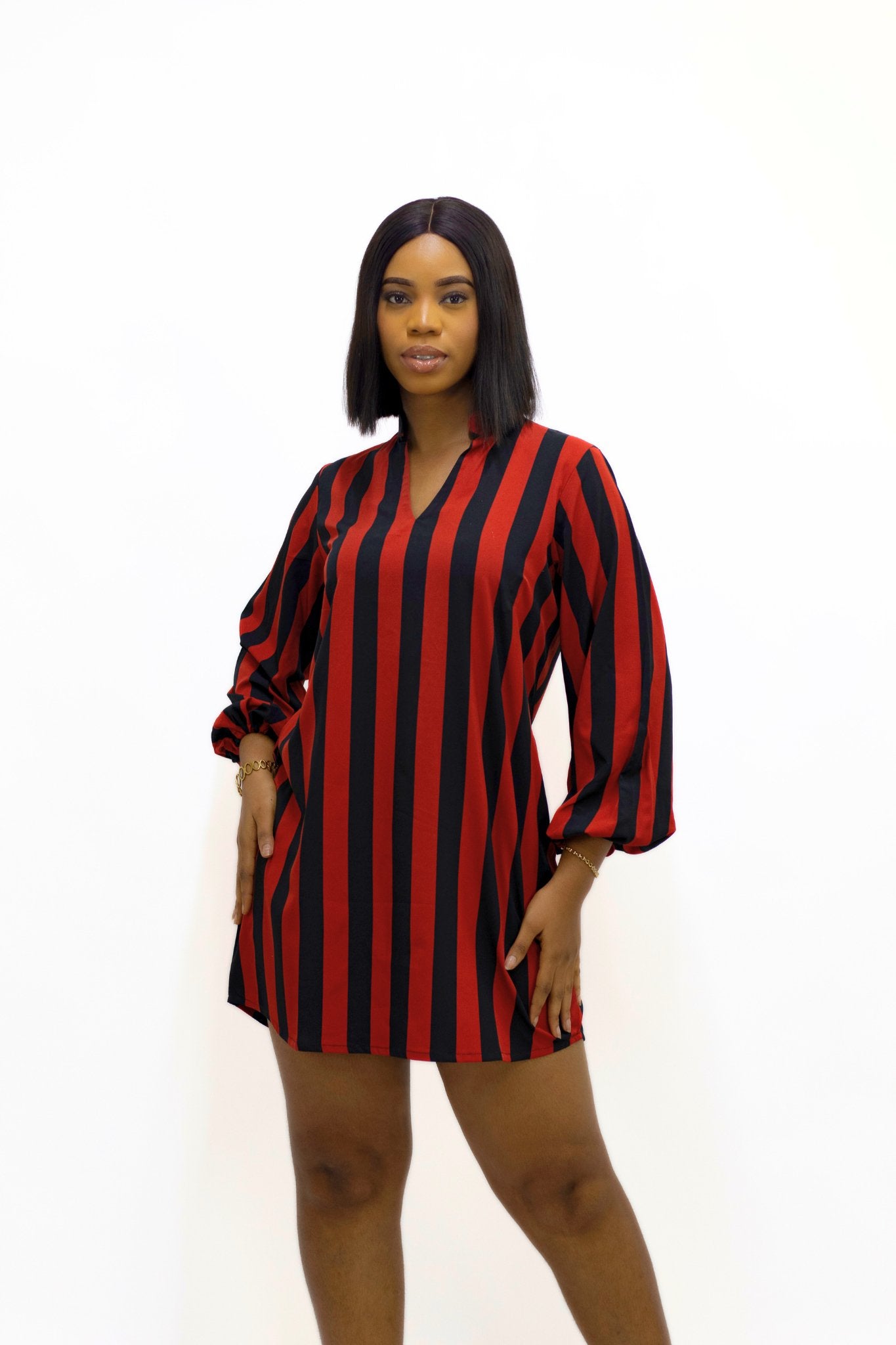 Stripped Red Mini Shirt Dress - FASHKLO